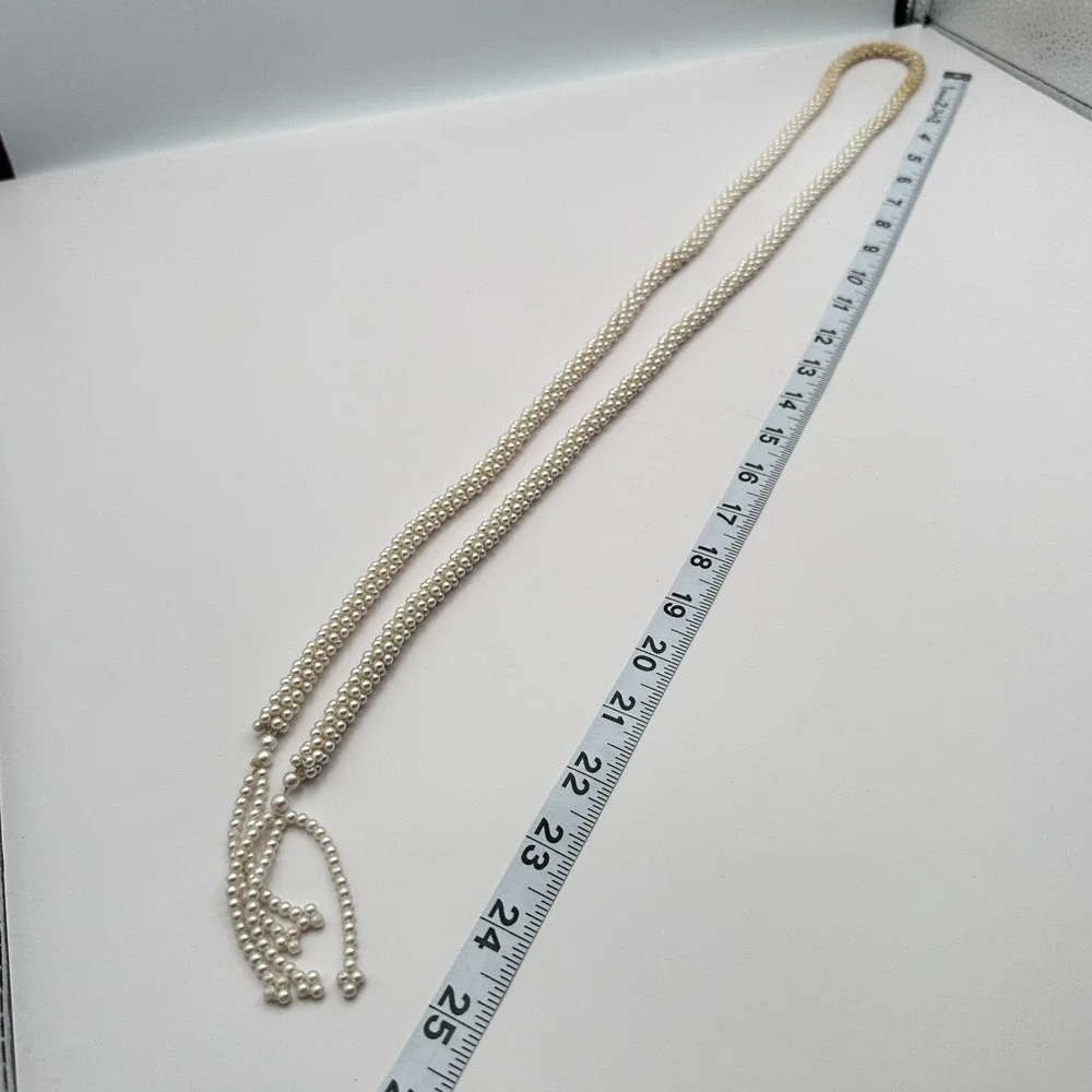 Vintage 90s Faux Pearl Cream White‎ Beaded Braided Tassel Necklace Statement Y2K